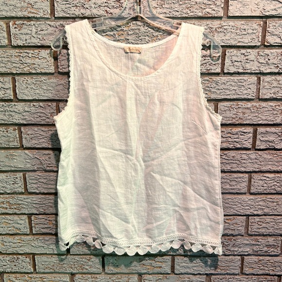 Bellambra Tops - Bellambra White 100% Linen Lace Trim Sleeveless Top Made in Italy Womens Medium